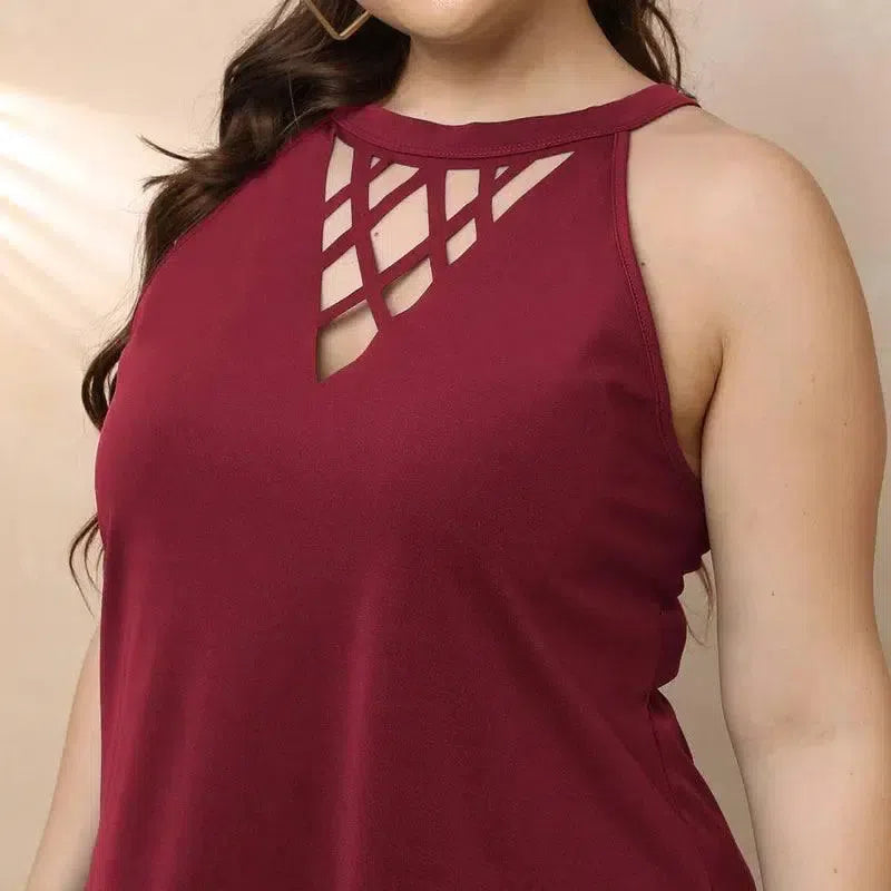 GIBSIE Plus Size Solid Cut Out O-Neck Halter Tops Women xxxl 4xl Black Casual Summer Sleeveless Tee Shirt Womens Clothing-Maroon-9