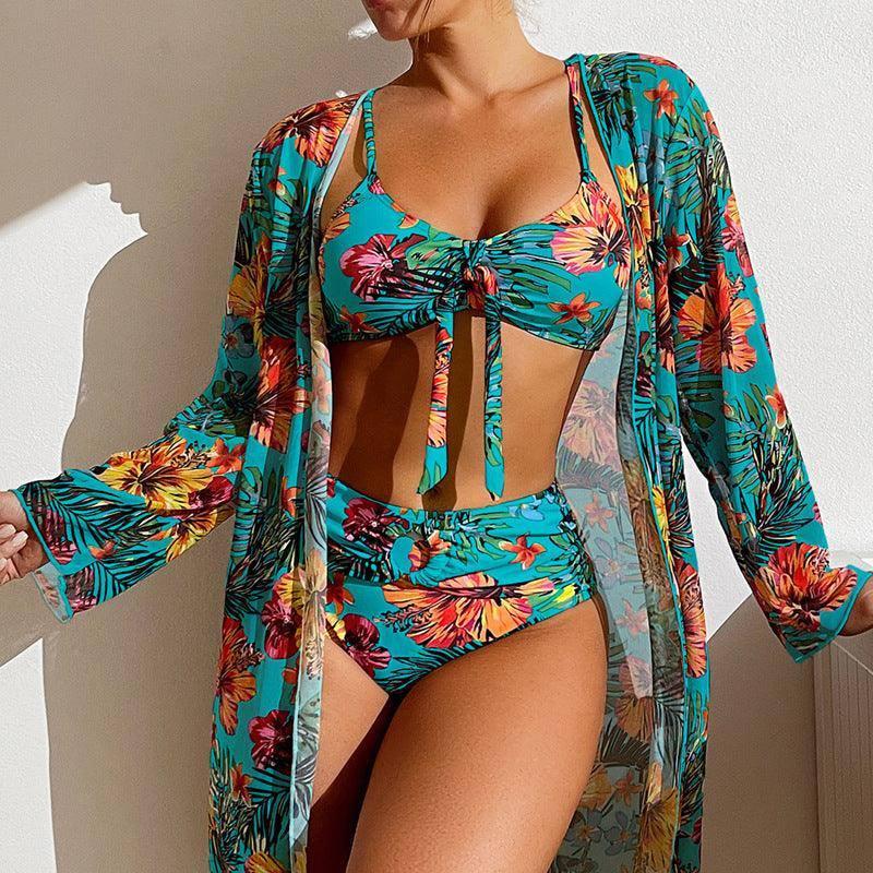 Tropical Print Swimwear Set with Kimono-Sky Blue-5