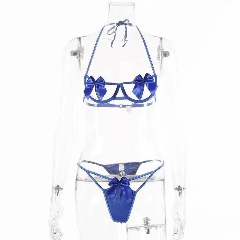 Two-piece Set Of Hollow Female Lingerie With Bow Tie-sapphire-5