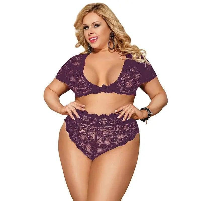 Underwear Lingerie Set Short Sleeve Bralette Encaje Mujer-Purple-3