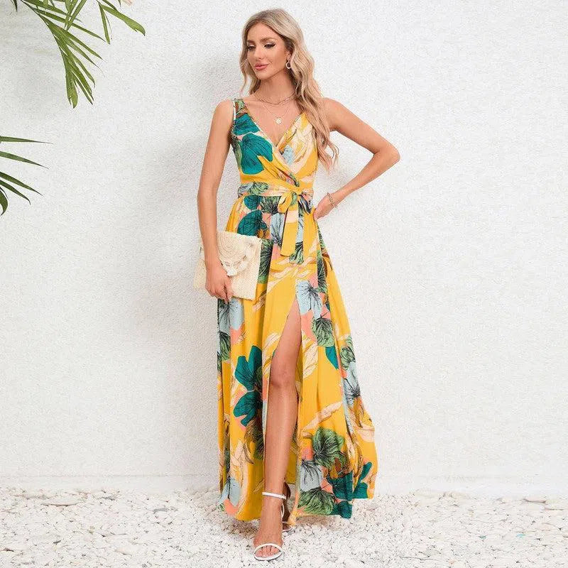 V-neck Floral Print Long Dress Summer Fashion Waist Tie Slit Design Sleeveless Dress For Womens Clothing-Yellow-5