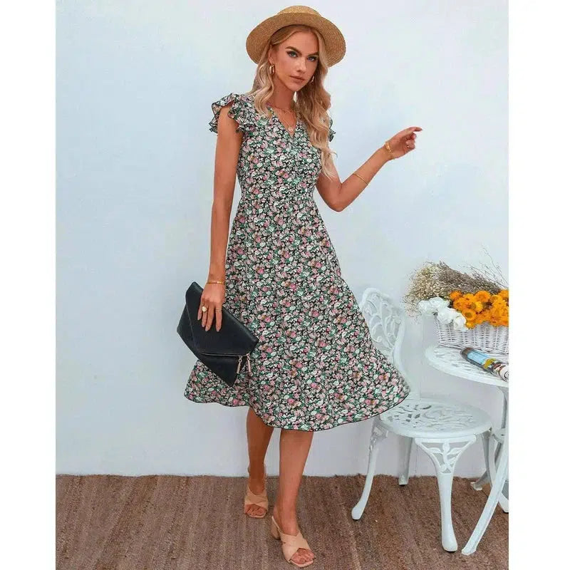 V-neck Fly-sleeve Floral Dress Long Dress-Rosered-2