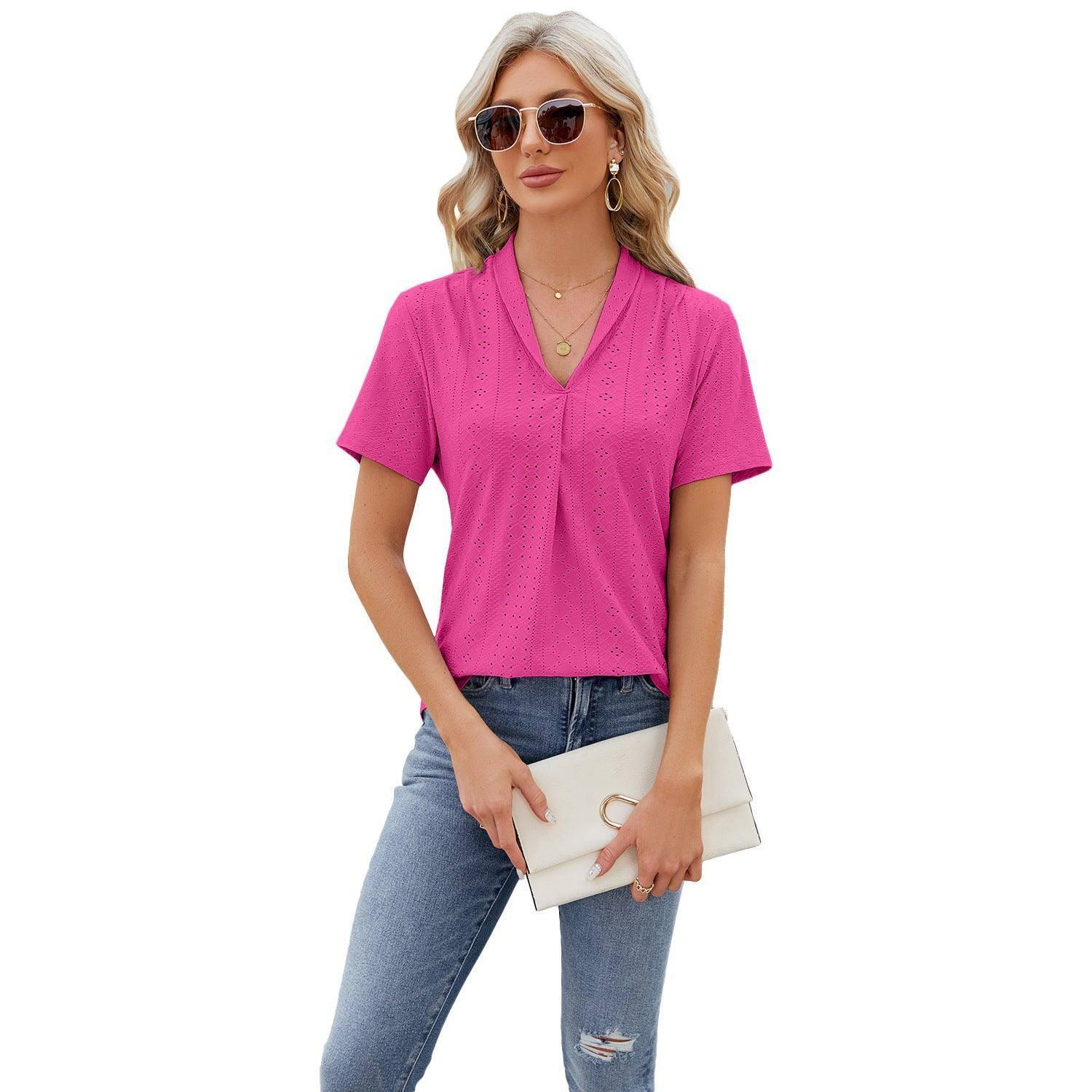 V-neck Hollow Design T-shirt Summer Loose Short-sleeved Top-Barbie Pink-3