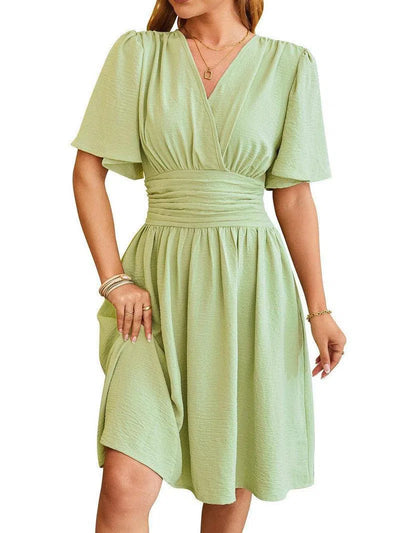 V-neck Short-sleeved Dress Fashion Bell-sleeved Dress Summer Womens Clothing-Green-5