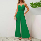 V-neck Suspender Pleated Jumpsuit Solid Color Loose Straight Pants Womens Clothing-Green-7