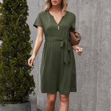 V-neck Waist And Slim Temperament Lace-up Short-sleeved-Armygreen-4