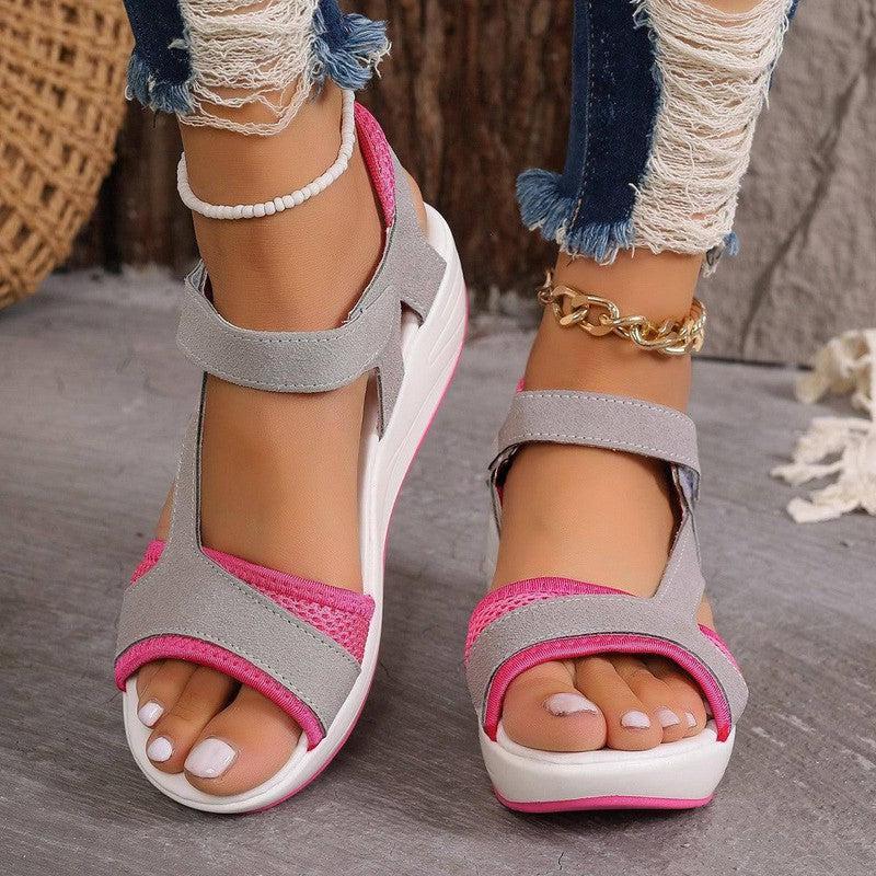 Velcro-design Sports Sandals Summer Color-blocked Wedges-Pink-2