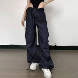 Vintage Fashion Large Pocket Straight Casual Pants-Navy Blue-7