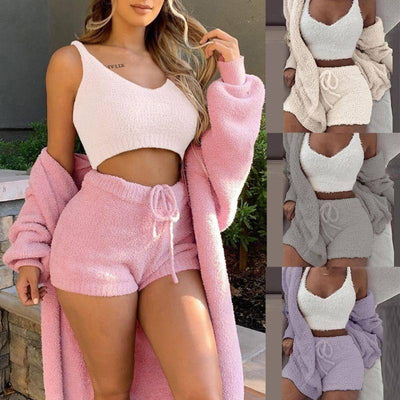 Winter Women Home Wear Suit Casual Pajamas Set Lady Female Soft Warm Long Sleeve Exposed Navel Vest Shorts Set-1