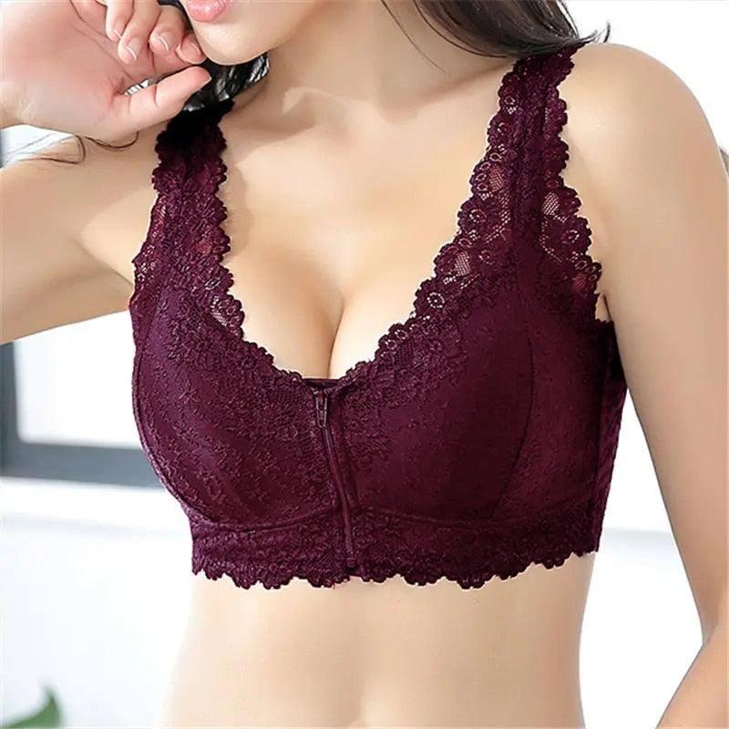 Women Bra Front Closure Solid Upgrade Lace Cute Comfort-Purple-8