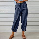 Women Drawstring Tie Pants Spring Summer Cotton And Linen-Navy Blue-10