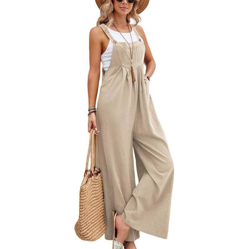 Women Long Bib Pants Overalls Casual Loose Rompers Jumpsuits-Khaki-10