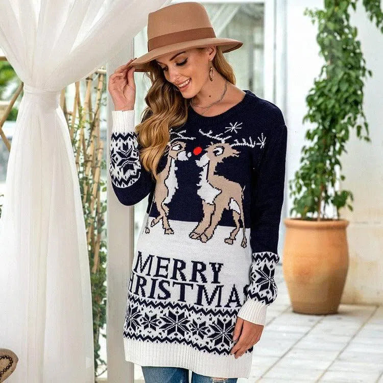 Women's Christmas Reindeer Jacquard Sweater Pullover Knit-4