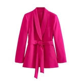 Women's Clothing With Belt Casual Suit Jacket Pants-Rose Red Suit-6