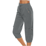 Women's Cropped Pants Cotton Linen Cargo Pocket Casual Pants Sapphire Blue / 2XL-10