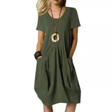 Women's Dress With Pockets Cotton Linen Solid Color Loose Round Neck Short Sleeve Dress Summer-Army green-3