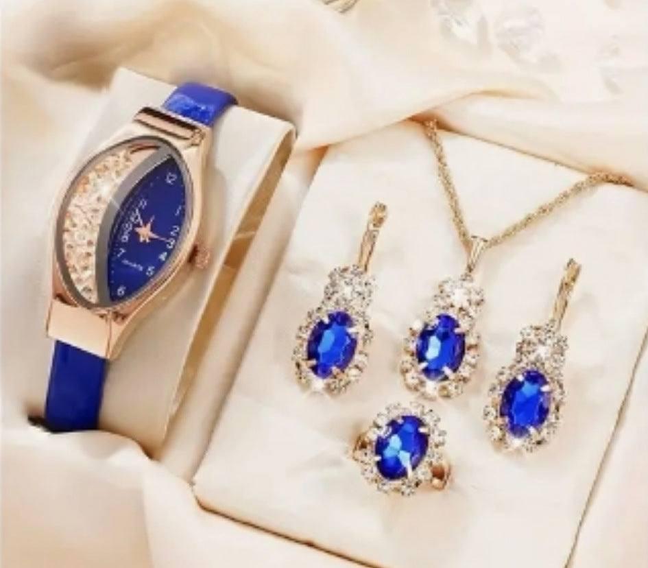 Women's Fashion All-match Diamond Belt Quartz Watch 4-piece-Blue 2-9