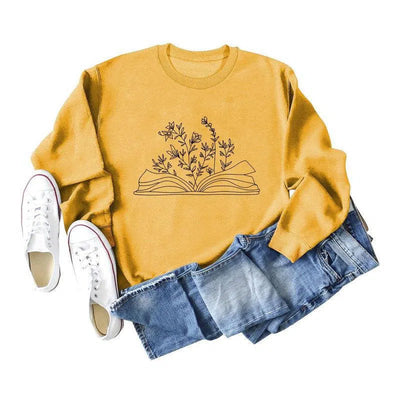 Women's Fashion Casual Book Botanical Pattern Long Sleeve-Yellow Black Font-10