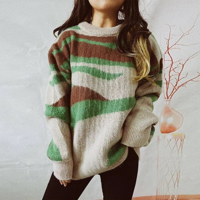 Women's Fashion Casual Irregular Striped Sweater-Green-6