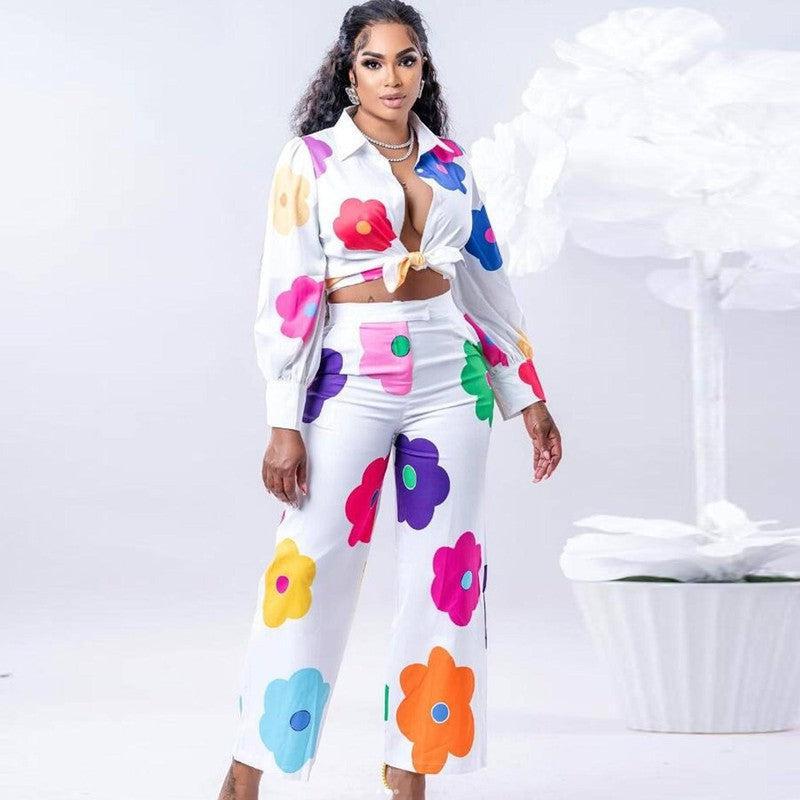 Women's Fashion Color Printed Shirt Suit Two-piece Set-1