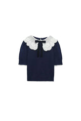 Women's Fashion Lace Peter Pan Collar Bow Short Sleeve-Ocean Blue-7