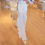 Women's Fashion Temperament Versatile Thin Ruffled Pants-White-8