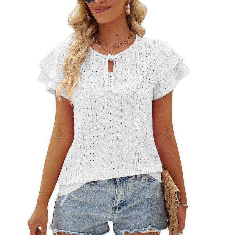 Women's Hole Hollow-out Lace-up Double-layer Sleeve Top-8