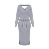 Women's Knitted Dress Slim V-neck-Gray-5