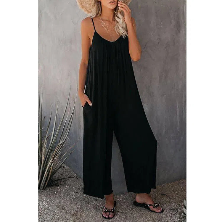 Women's Loose Sleeveless Jumpsuits Romper Jumpsuit With Pockets Long Pant Summer-Black-3