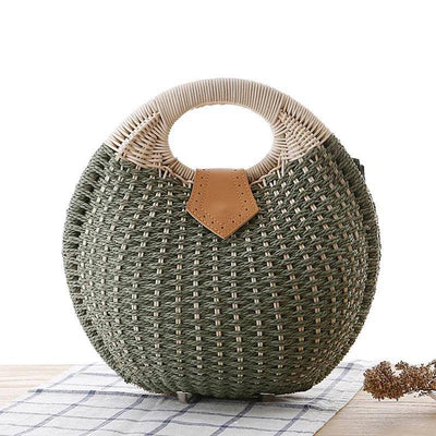 Women's Natural Rattan Handwoven Round Shell Handbag-army green-13