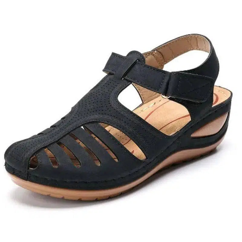 Women's Plus Size Retro Sandals Round Toe Wedge Sandals-Black-6