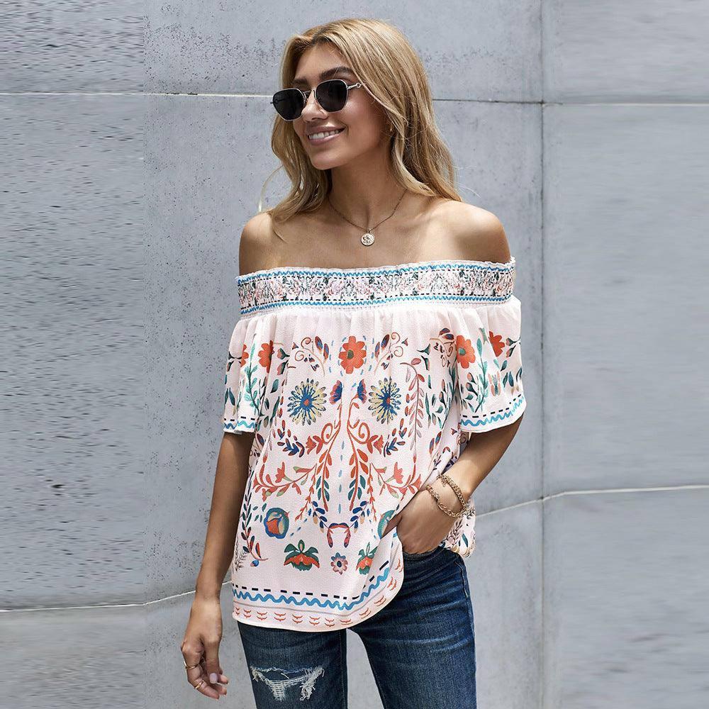 Women's Printed T-shirt Loose Off Shoulder Top-LC253506 White-1