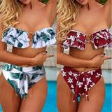 Women's Ruffled Swimsuit Solid Color Metal Ring Bikini-1