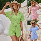 Women's Short-sleeved Shorts Jumpsuit Lace-up Turn-down-1