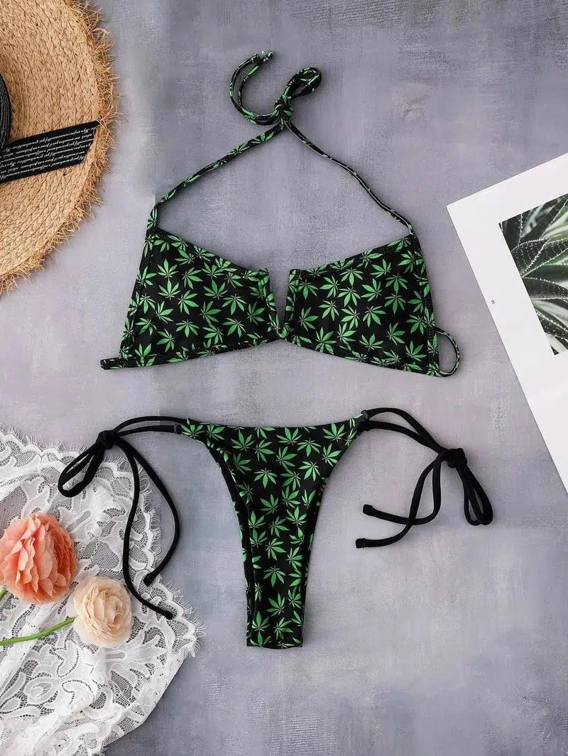 Women's Swimsuit Leaf Print Underwire Gathers Bikini-Green-2