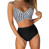 Women Sexy Soild Print Bikini Set Push Up Bathing Swimwear-Blackwhite-10