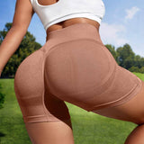 Women Sport Seamless Short Leggings High Waist Elastic Solid Yoga Leggings Ftness Gym Trainning Joggings Pants-Khaki-5