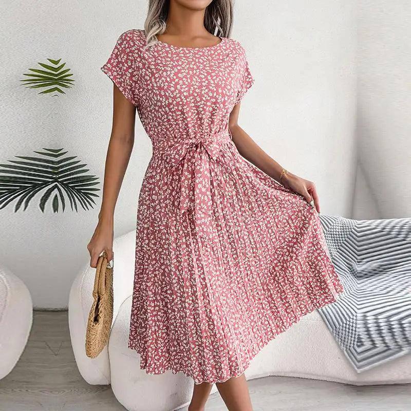 Women Spring Summer Short Sleeve High Waist Chic Dress-Pink-13