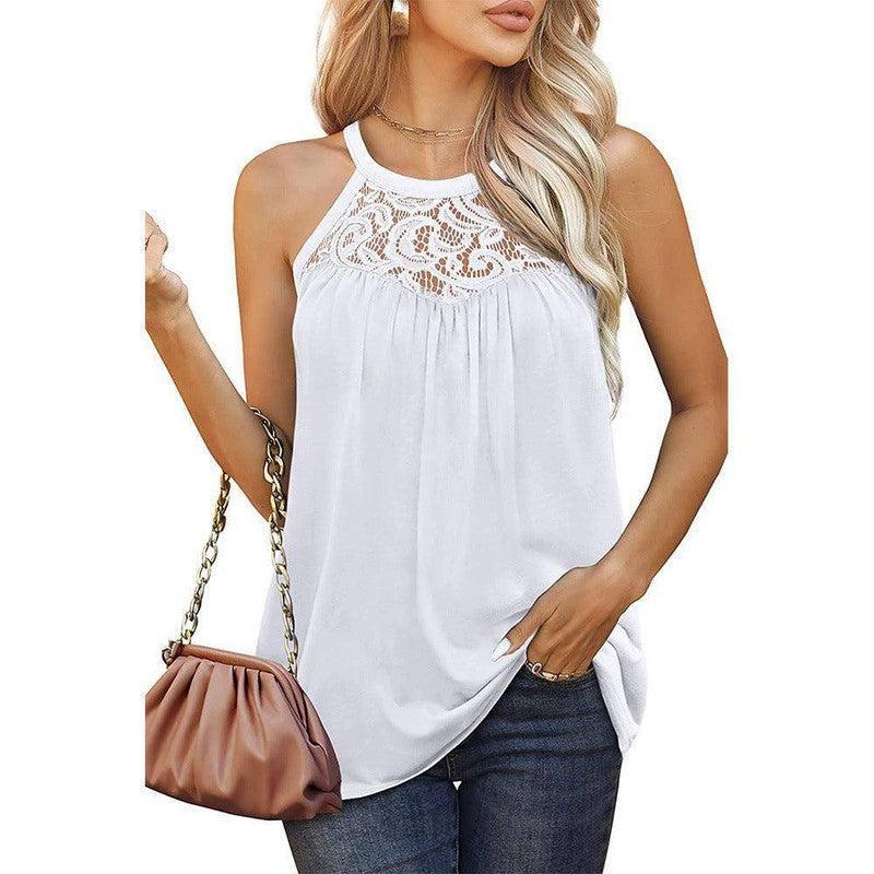 Womens Tank Tops Loose Fit Summer Lace Halter Tops-White-4