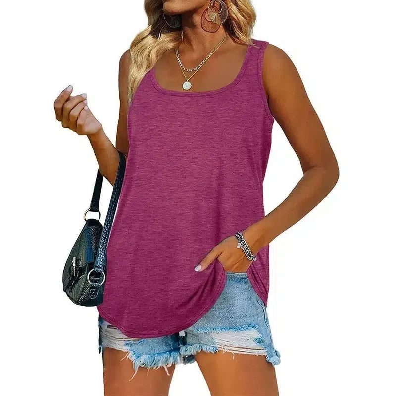 Womens Tank Tops U Neck Dolphin Hem Casual Flowy Summer-Fuchsia-3