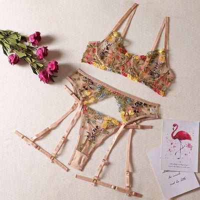 See-Through Yellow Garden Floral Bra Garter Belt Thong-Khaki-2