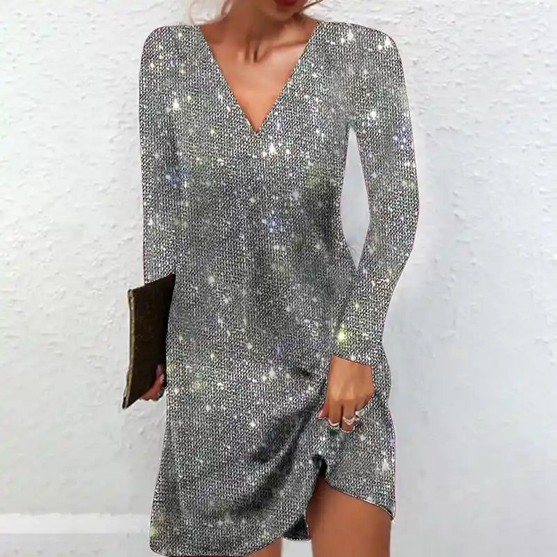 Silver sequin mini dress for women with long sleeves and deep V-neck — party outfit