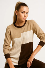 Beige and brown colorblock sweater for women - modern geometric knit pullover