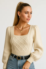 Women’s cream cable knit square neck sweater with puff sleeves – chic fall outfit idea