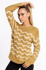 Black and mustard wave pattern knit sweater for women - trendy casual pullover
