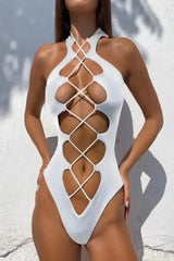 Trendy white cut-out lace-up one-piece swimsuit for women, sexy summer beachwear