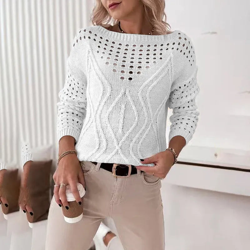 White open-knit sweater for women with textured pattern — lightweight long-sleeve top